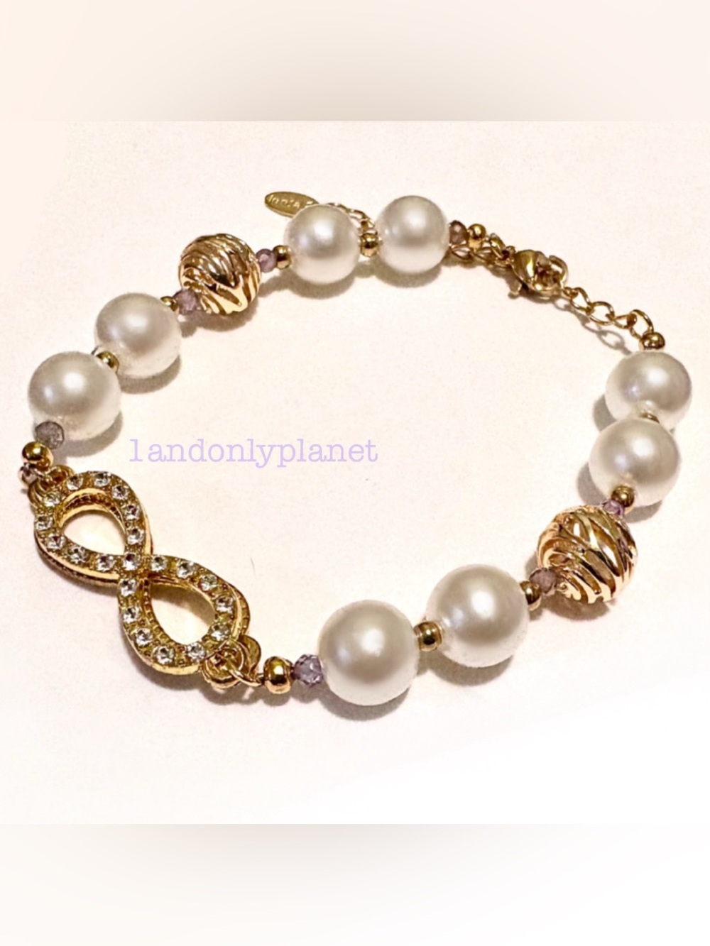 Natural Stone & Pearl Infinity Bracelet w/ Zebra Gold Beads | Gift for Her